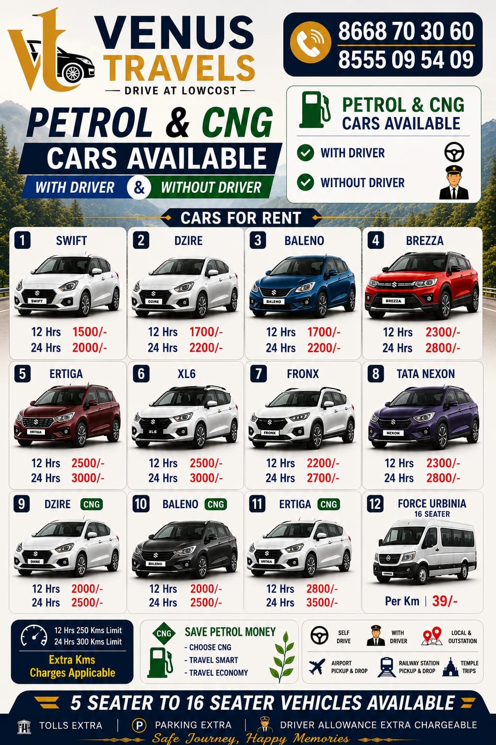 Venus Travels vehicle fleet and rental price list
